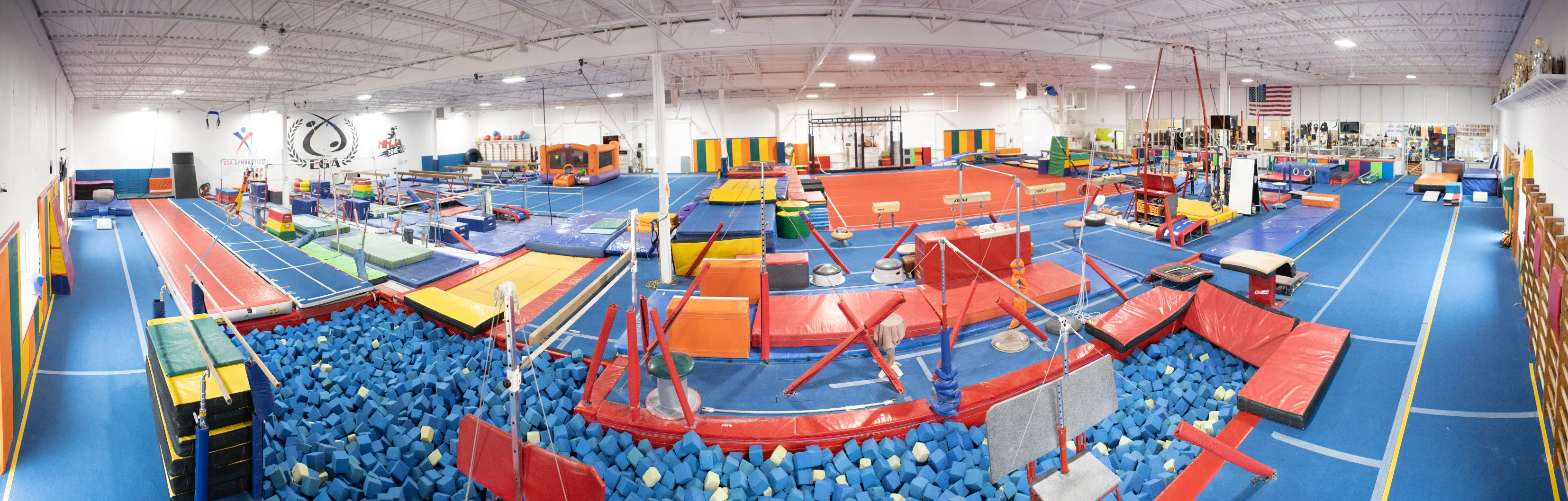 Panoramic view of EGA’s main gymnastics floor and apparatus